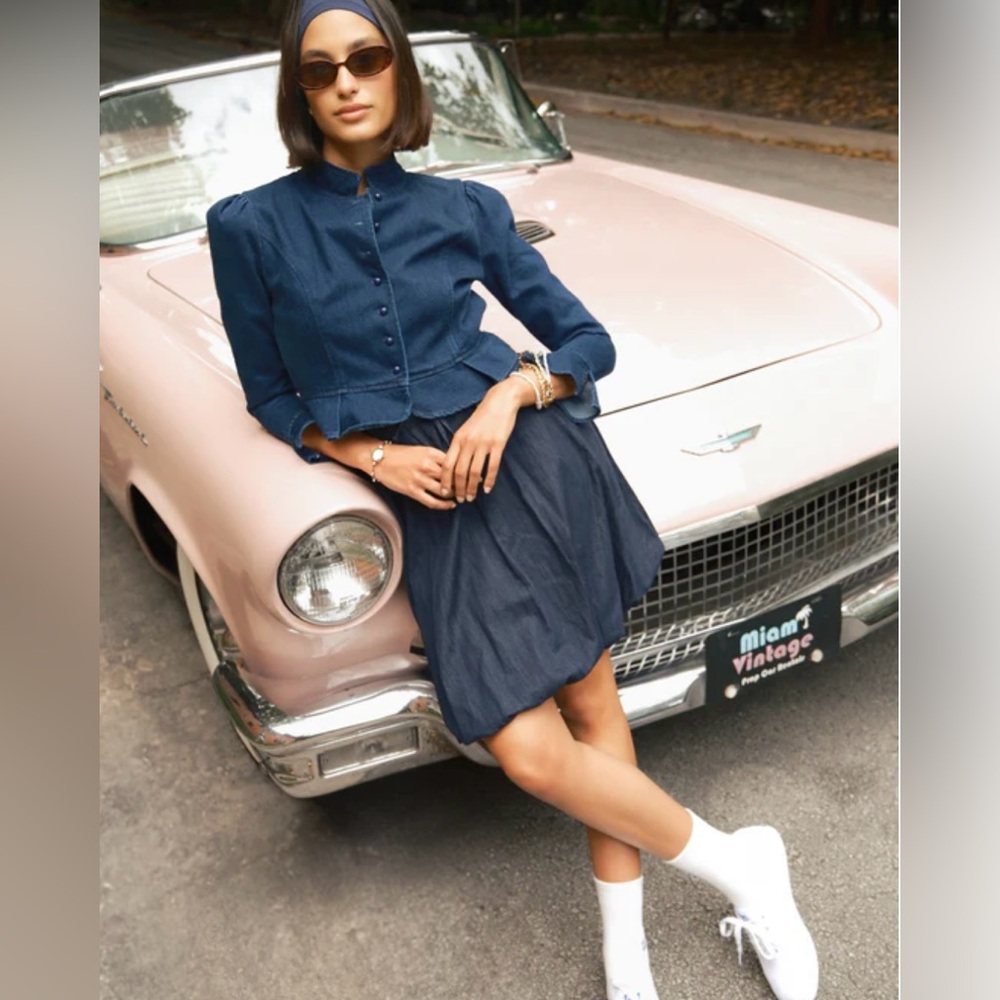 STATEMENTS BY ESTHER Dark Blue Denim Bubble Modest Midi Knee-Length Casual Skirt